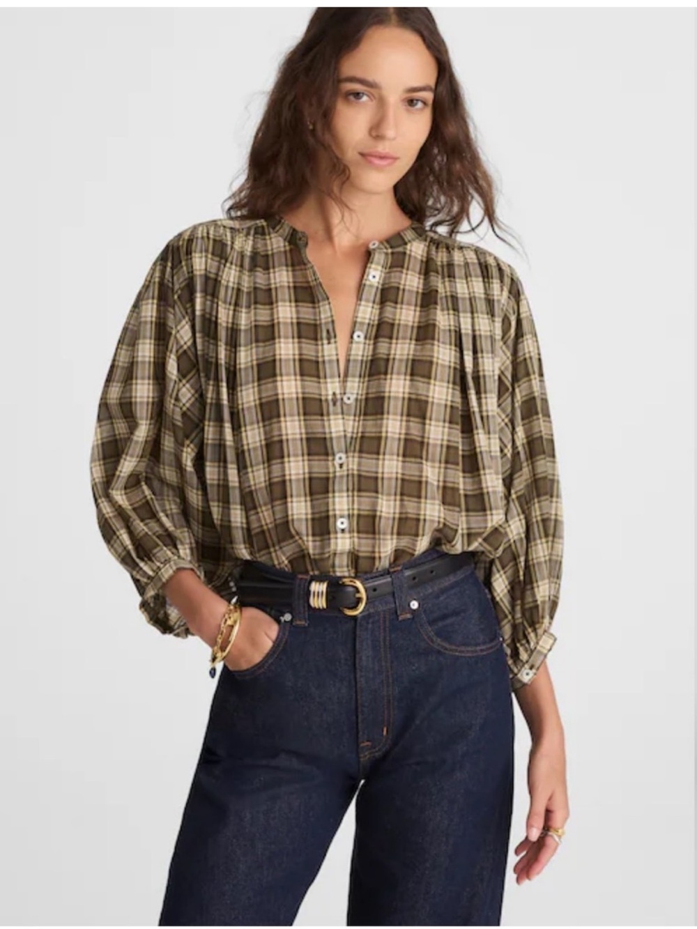 Madewell Olive Green Plaid Blouse L
